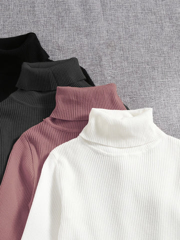 4pcs Solid Turtleneck Ribbed Knit Sweater