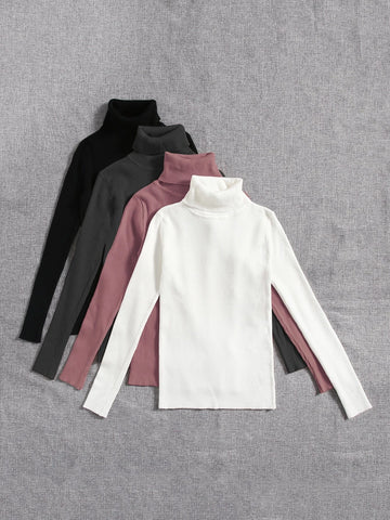 4pcs Solid Turtleneck Ribbed Knit Sweater