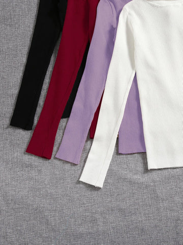 4pcs Solid Turtleneck Ribbed Knit Sweater
