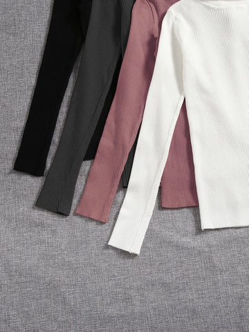 4pcs Solid Turtleneck Ribbed Knit Sweater