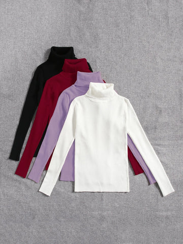 4pcs Solid Turtleneck Ribbed Knit Sweater