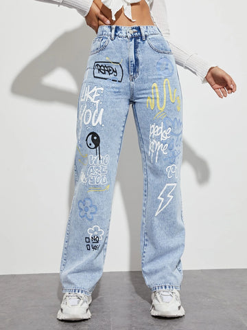 Slogan and Yin & Yang Print Jeans