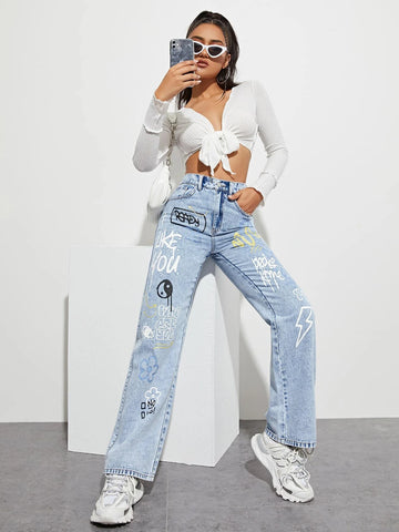 Slogan and Yin & Yang Print Jeans