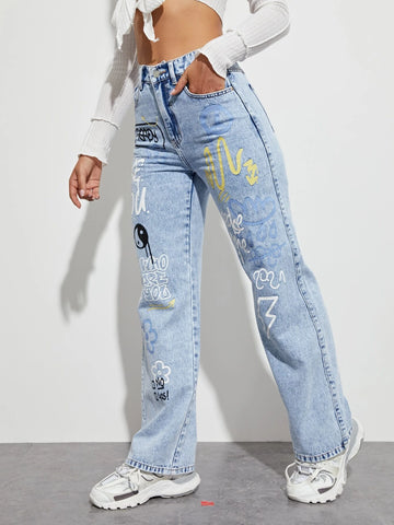 Slogan and Yin & Yang Print Jeans