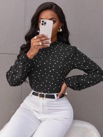 Confetti Heart Print Bishop Sleeve Frilled Neck Blouse