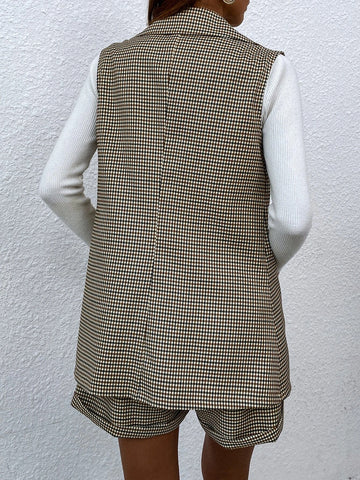 Plaid Lapel Collar Single Button Waistcoat With Shorts