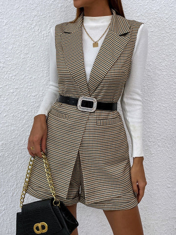 Plaid Lapel Collar Single Button Waistcoat With Shorts