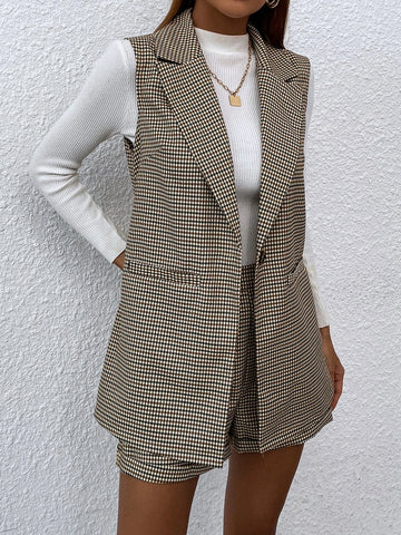 Plaid Lapel Collar Single Button Waistcoat With Shorts