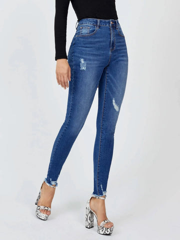 High Waisted Ripped Raw Hem Skinny Jeans
