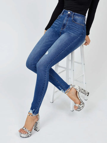 High Waisted Ripped Raw Hem Skinny Jeans
