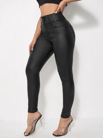 Slant Pocket Leather Look Skinny Jeans