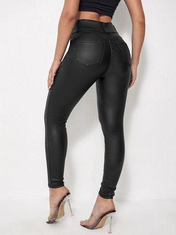 Slant Pocket Leather Look Skinny Jeans