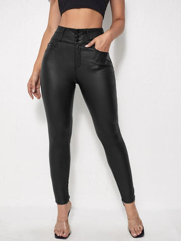 Slant Pocket Leather Look Skinny Jeans