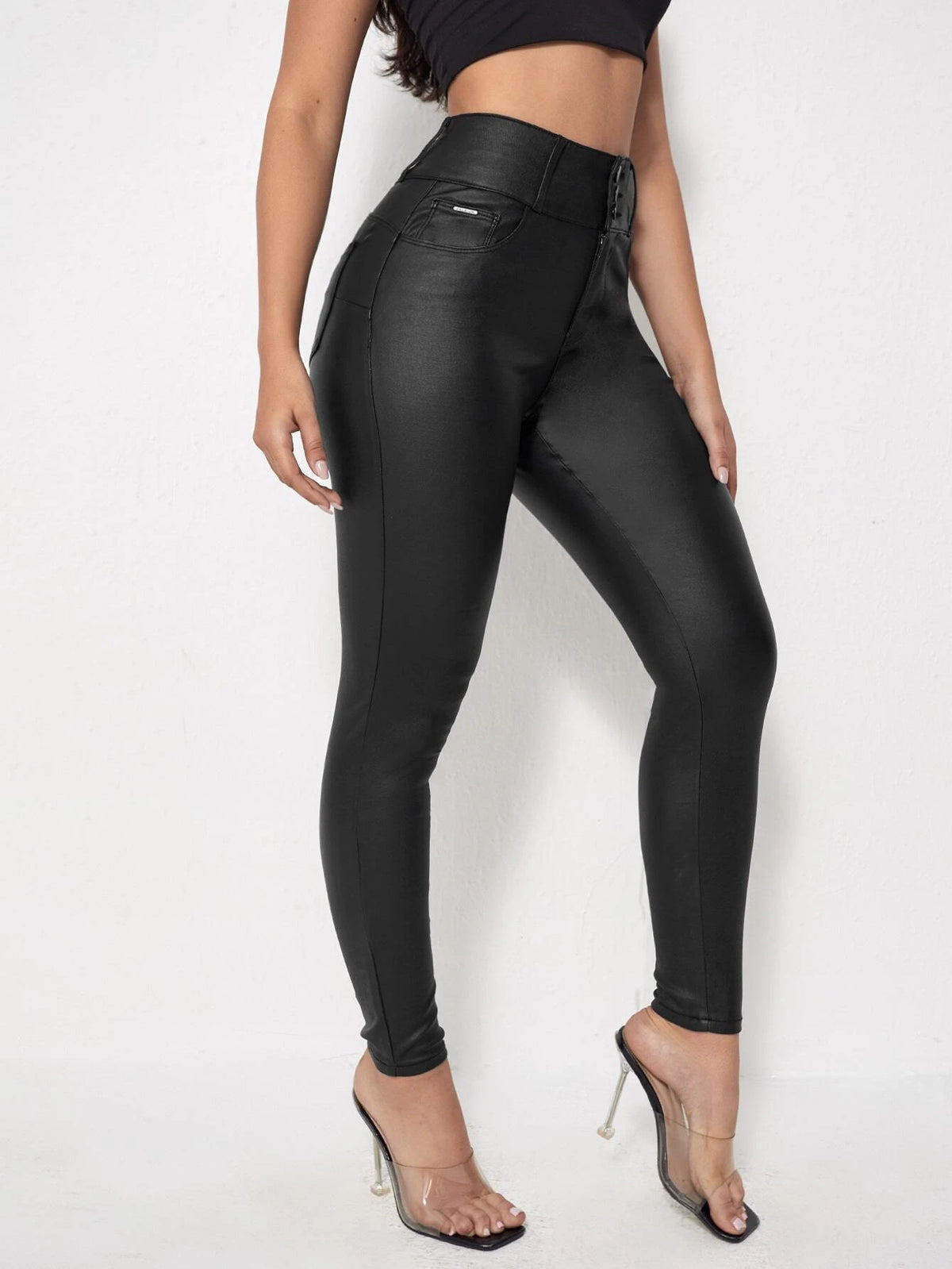 Slant Pocket Leather Look Skinny Jeans