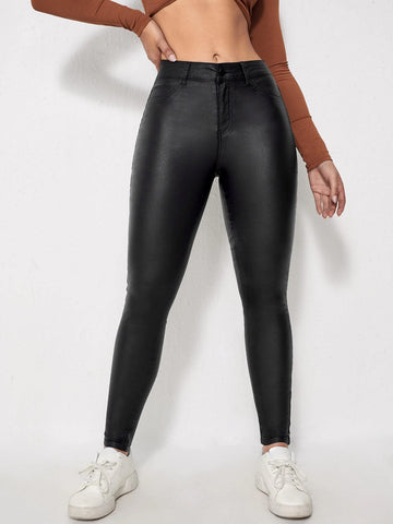 Slant Pocket Leather Look Skinny Jeans