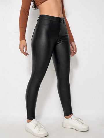 Slant Pocket Leather Look Skinny Jeans