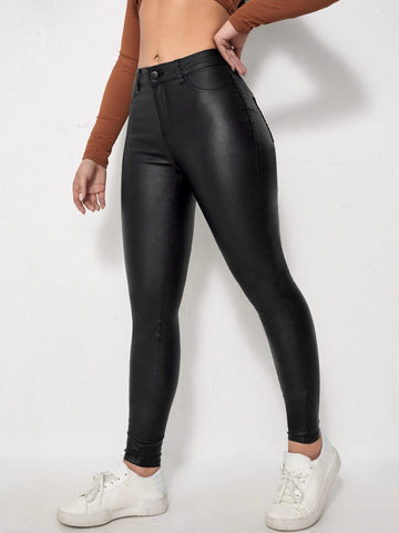 Slant Pocket Leather Look Skinny Jeans