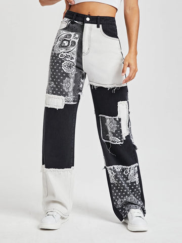 Paisley Print Patchwork Print Boyfriend Jeans