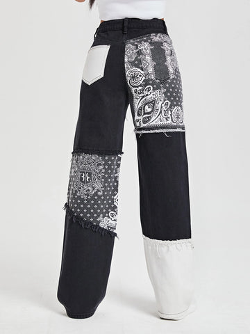 Paisley Print Patchwork Print Boyfriend Jeans