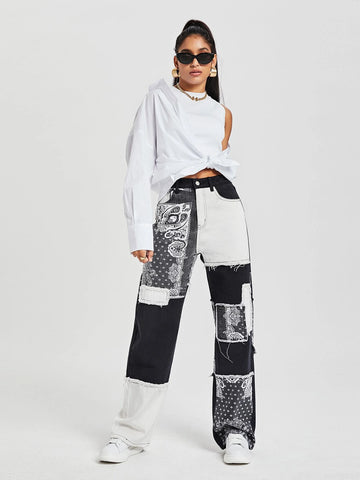 Paisley Print Patchwork Print Boyfriend Jeans