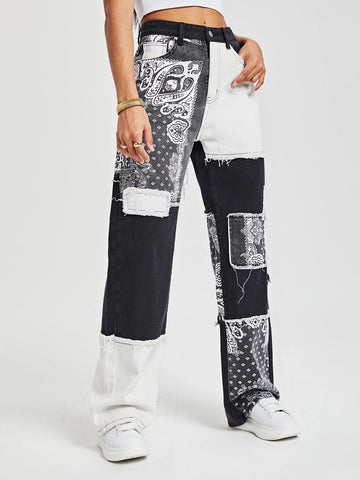 Paisley Print Patchwork Print Boyfriend Jeans