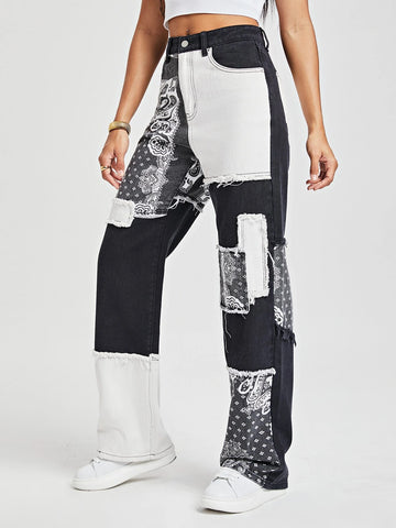 Paisley Print Patchwork Print Boyfriend Jeans