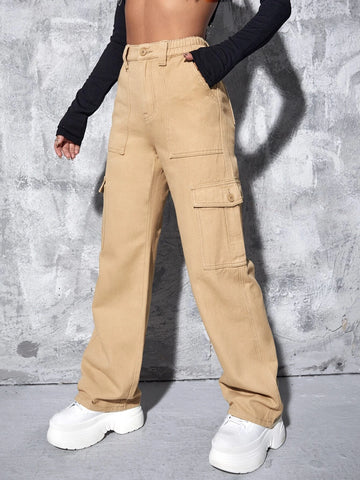 High Waist Flap Pocket Wide Leg Jeans