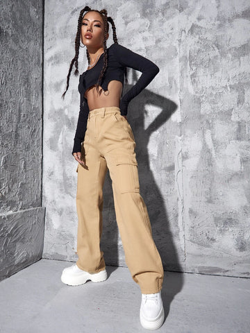 High Waist Flap Pocket Wide Leg Jeans