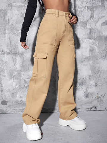 High Waist Flap Pocket Wide Leg Jeans