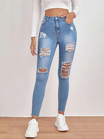 High Waisted Ripped Raw Hem Skinny Jeans