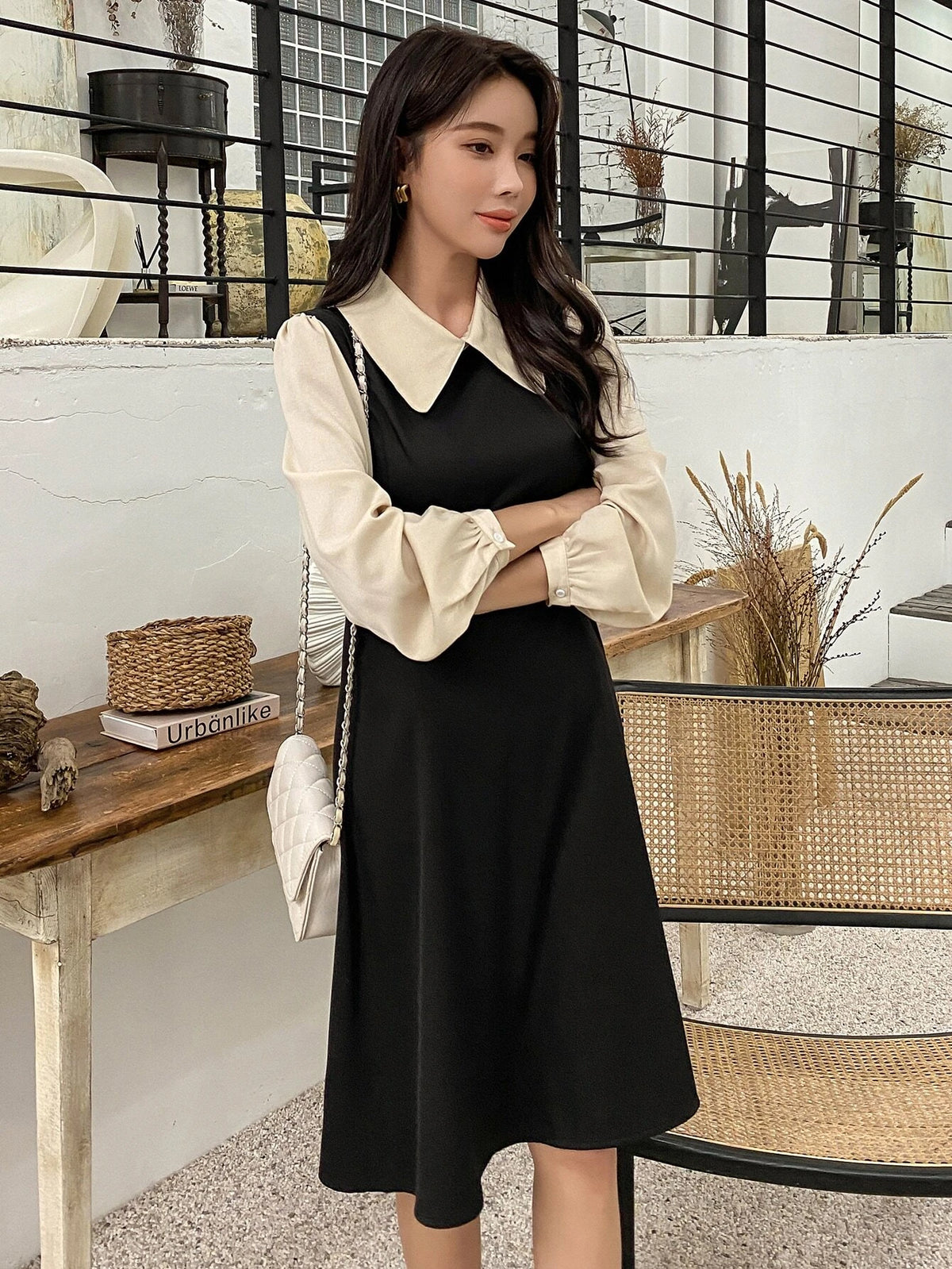 DAZY Colorblock Peter Pan Collar Puff Sleeve Dress