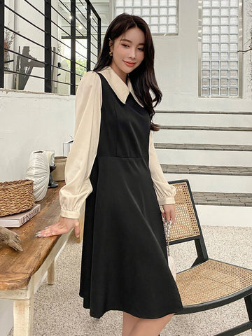 DAZY Colorblock Peter Pan Collar Puff Sleeve Dress