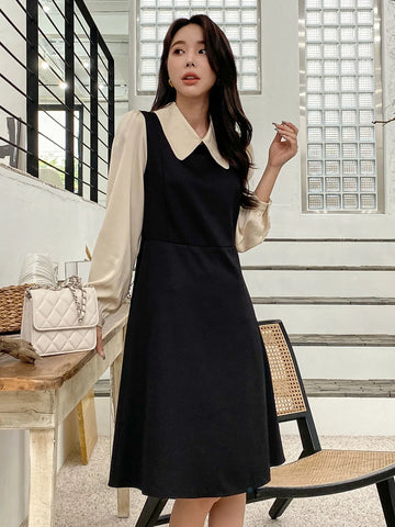 DAZY Colorblock Peter Pan Collar Puff Sleeve Dress