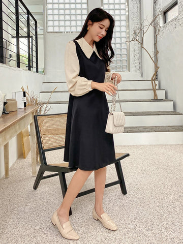 DAZY Colorblock Peter Pan Collar Puff Sleeve Dress