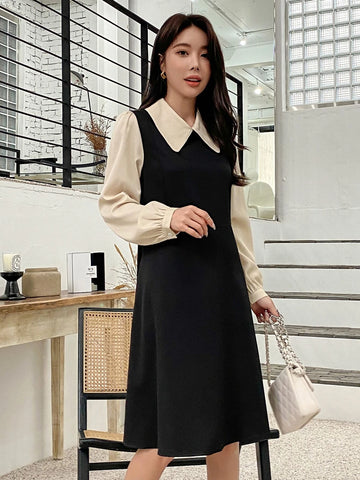 DAZY Colorblock Peter Pan Collar Puff Sleeve Dress