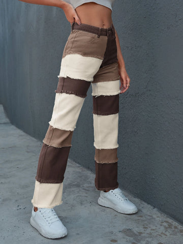 Raw Hem Colorblock Straight Jeans