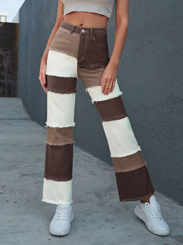 Raw Hem Colorblock Straight Jeans