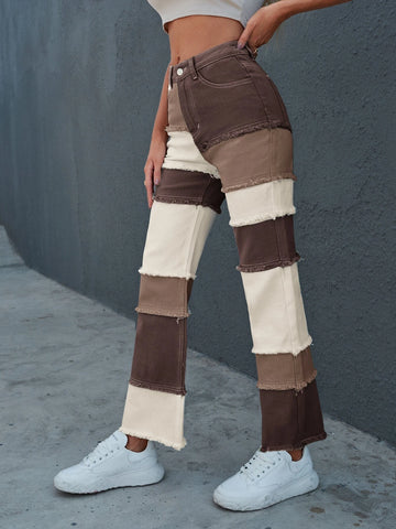Raw Hem Colorblock Straight Jeans