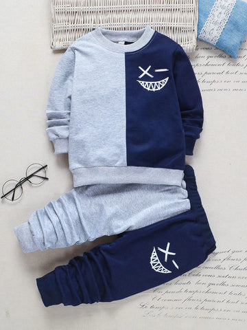 Toddler Boys Cartoon Face Print Two Tone Sweatshirt & Sweatpants