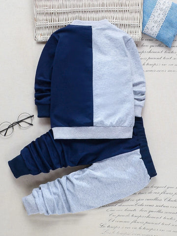 Toddler Boys Cartoon Face Print Two Tone Sweatshirt & Sweatpants