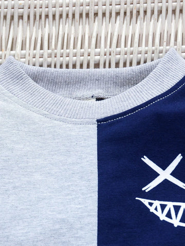 Toddler Boys Cartoon Face Print Two Tone Sweatshirt & Sweatpants