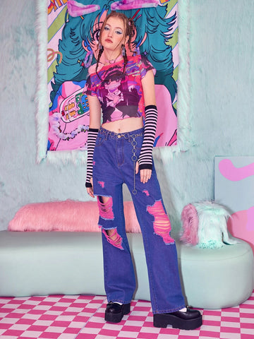 ROMWE Anime Ripped Straight Leg Jeans