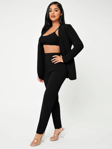 Solid Open Front Blazer & Pants Set Without Camisole