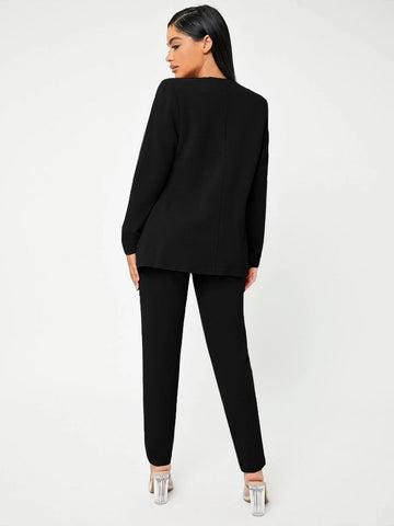Solid Open Front Blazer & Pants Set Without Camisole