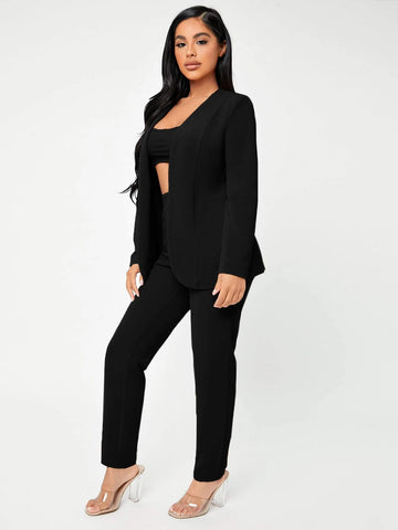 Solid Open Front Blazer & Pants Set Without Camisole
