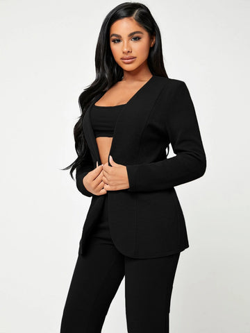 Solid Open Front Blazer & Pants Set Without Camisole