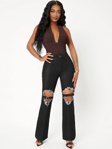 High Waist Flared Leg Ripped Jeans