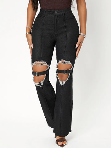 High Waist Flared Leg Ripped Jeans