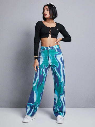 Graphic Pattern Wide Leg Jeans