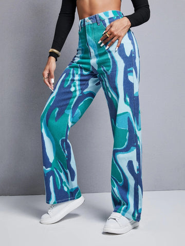 Graphic Pattern Wide Leg Jeans